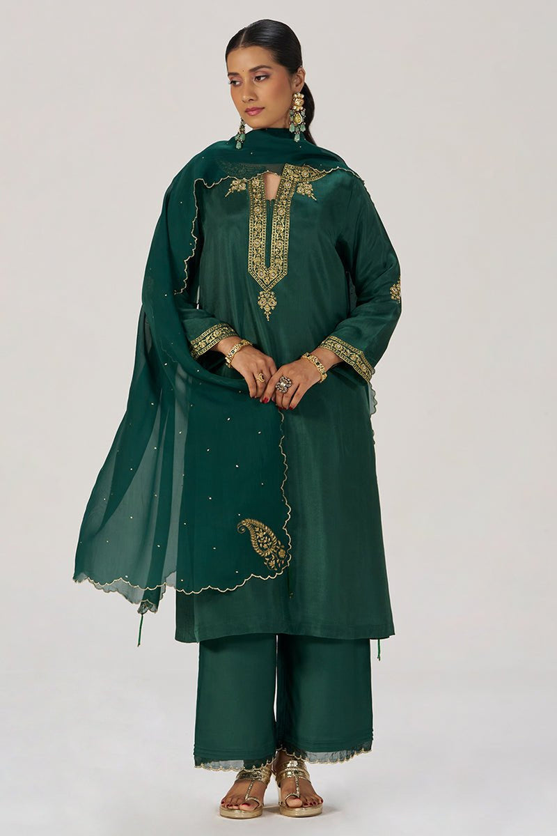 Deep Emerald Green Festive Silk Kurta Set