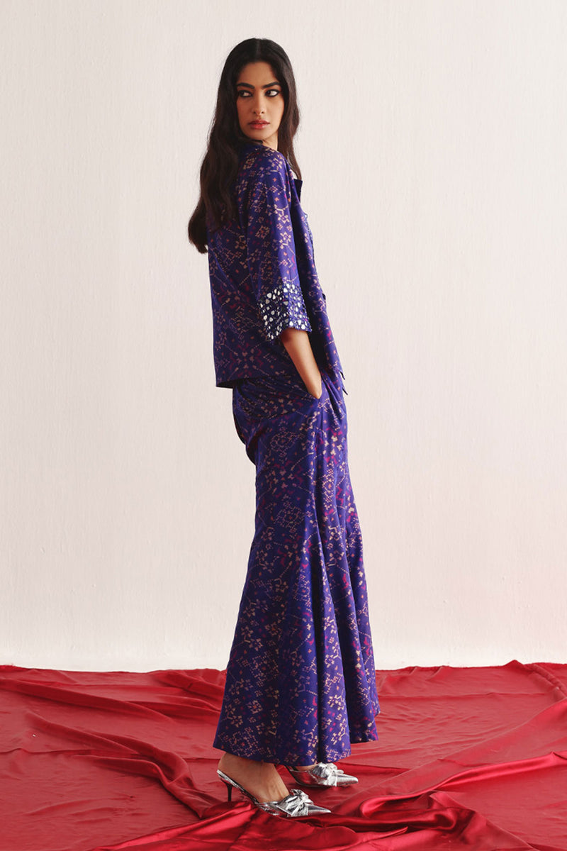 PURPLE PATOLA BLAZER WITH BOOTCUT AND BANDEAU SET