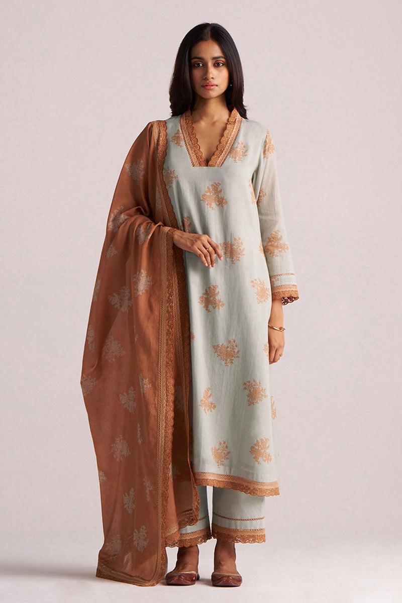 Grey-Rust Mul Kurta Set