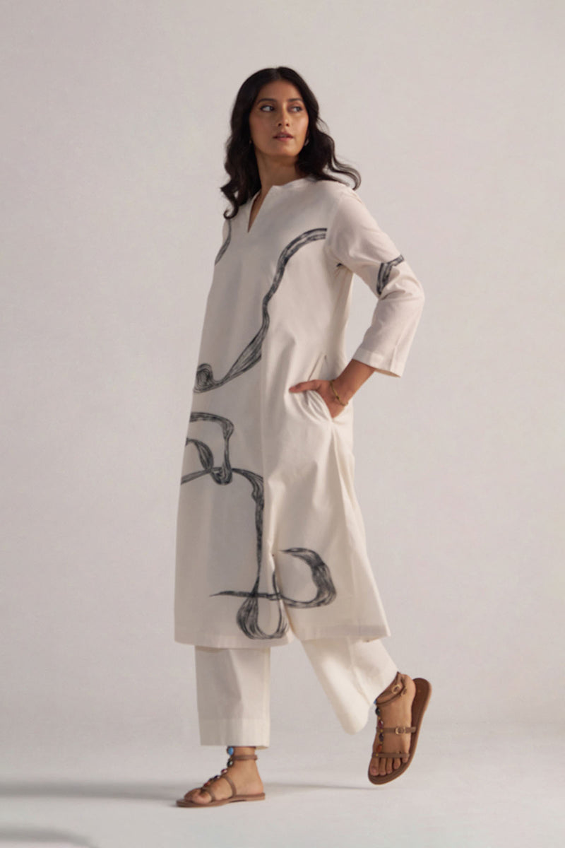 Cream and Black Cotton Print Co-ord Set