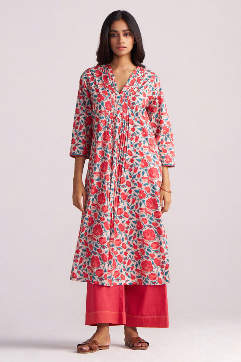 Beige and Red Cotton Print Co-ord Set