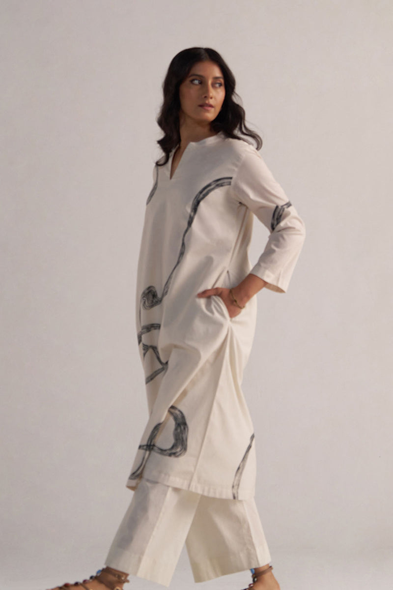 Cream and Black Cotton Print Co-ord Set