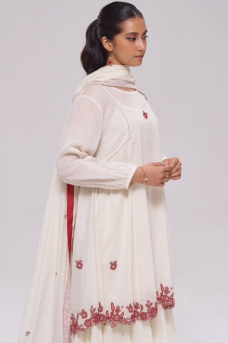 Ivory and Maroon Pure Cotton Kurta Set