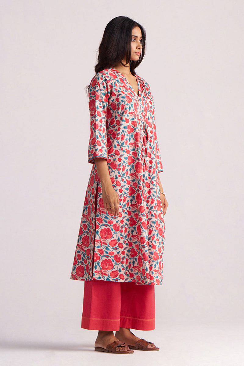 Beige and Red Cotton Print Co-ord Set
