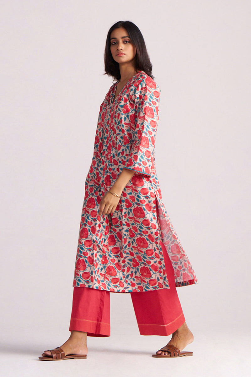 Beige and Red Cotton Print Co-ord Set