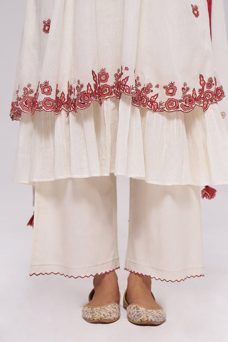 Ivory and Maroon Pure Cotton Kurta Set