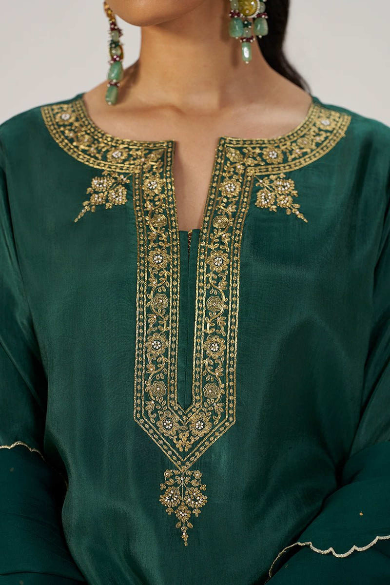 Deep Emerald Green Festive Silk Kurta Set