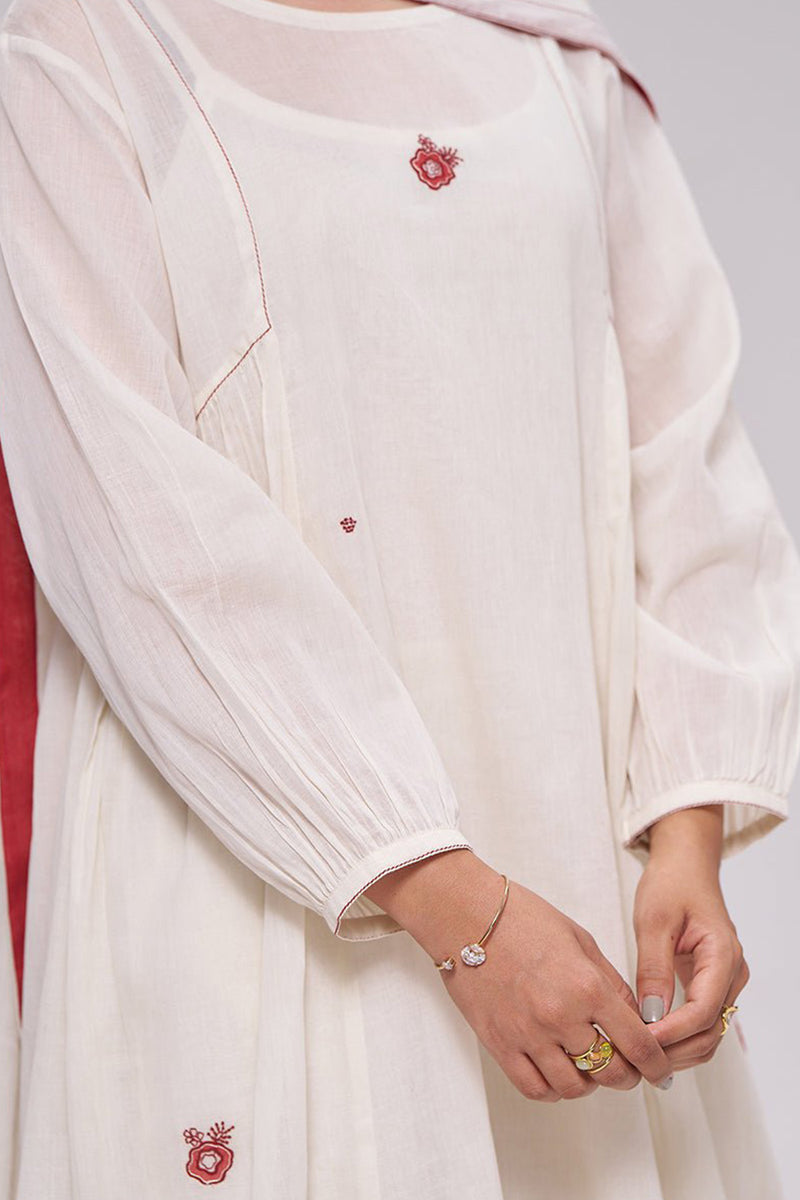 Ivory and Maroon Pure Cotton Kurta Set