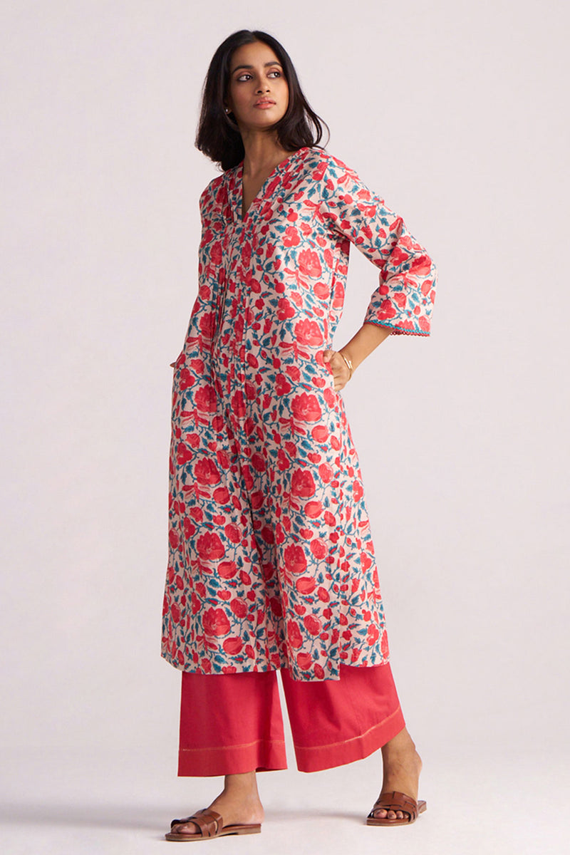 Beige and Red Cotton Print Co-ord Set