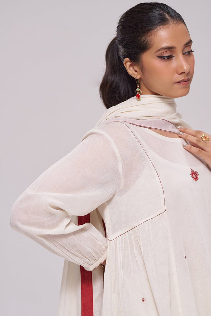 Ivory and Maroon Pure Cotton Kurta Set