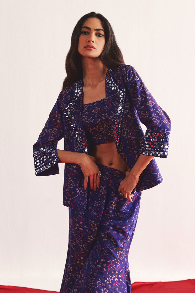 PURPLE PATOLA BLAZER WITH BOOTCUT AND BANDEAU SET