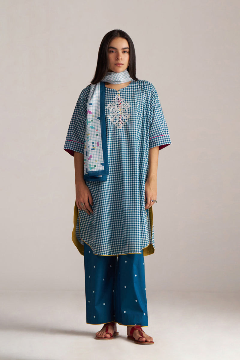 Blue and White Mul-Mul Checkard Co-ord Set With Stole