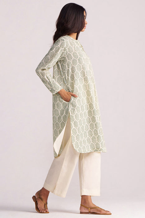 Cream and Deep Olive Mughal Tree Hand Print Cotton-Linen Co-ord Set