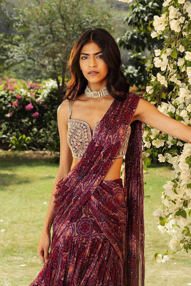 Bahaar Burgundy Tiered Saree Set