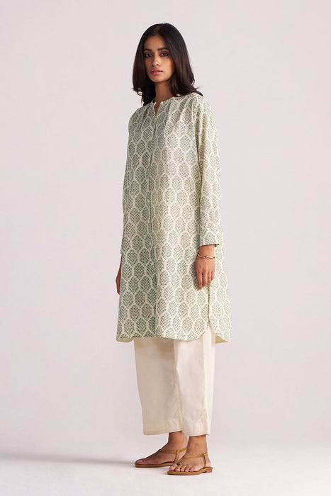 Cream and Deep Olive Mughal Tree Hand Print Cotton-Linen Co-ord Set