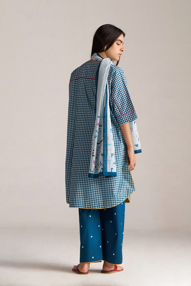 Blue and White Mul-Mul Checkard Co-ord Set With Stole