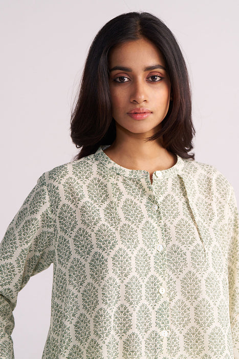 Cream and Deep Olive Mughal Tree Hand Print Cotton-Linen Co-ord Set