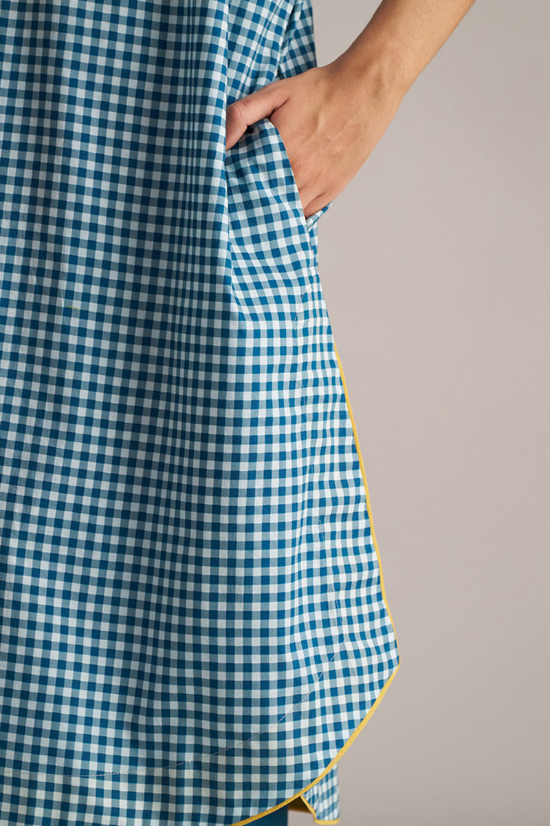 Blue and White Mul-Mul Checkard Co-ord Set With Stole