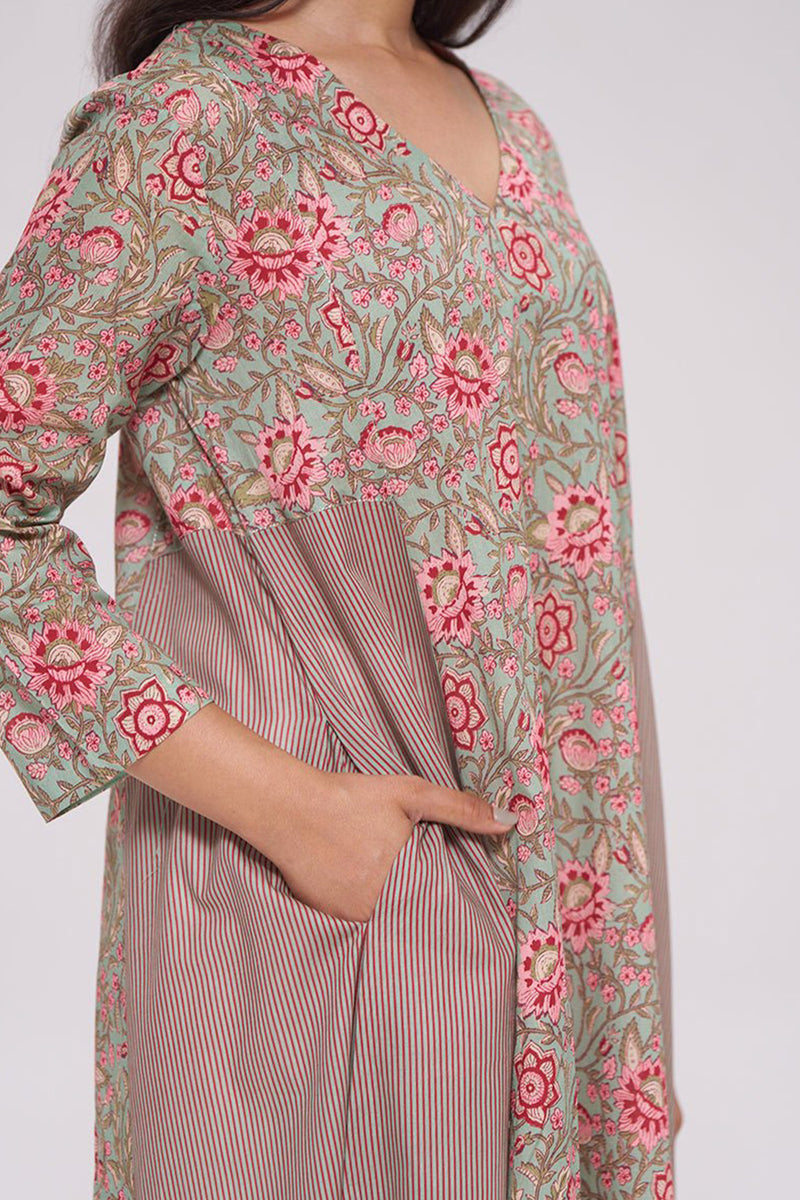 Basil Green and Pink Cotton Kurta