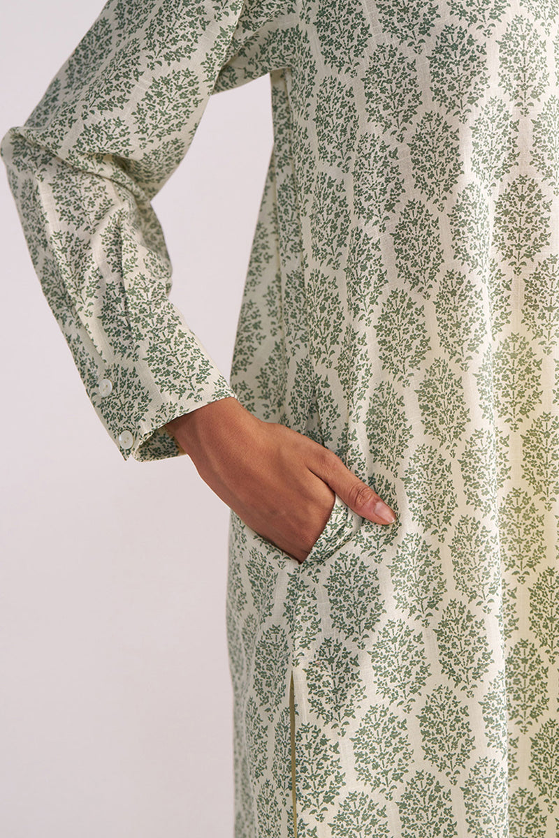 Cream and Deep Olive Mughal Tree Hand Print Cotton-Linen Co-ord Set