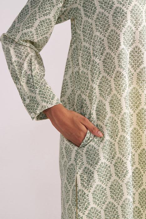 Cream and Deep Olive Mughal Tree Hand Print Cotton-Linen Co-ord Set