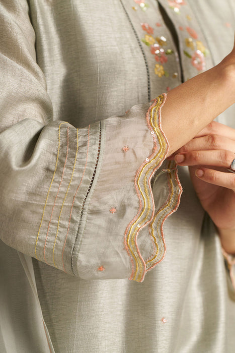 Seagrass Grey Raw Silk Festive Kurta Set