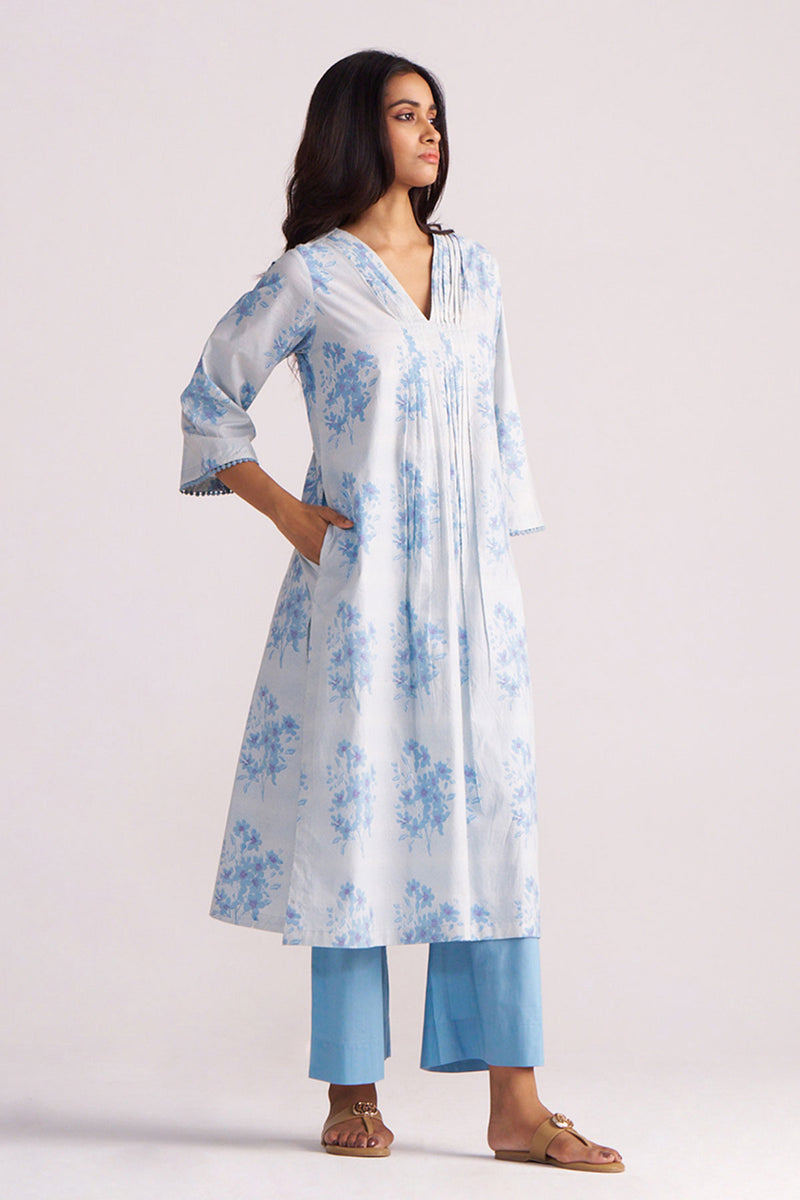 Cream and Dusty Blue Hand-Print Cotton Co-ord Set
