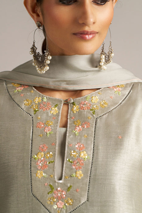 Seagrass Grey Raw Silk Festive Kurta Set