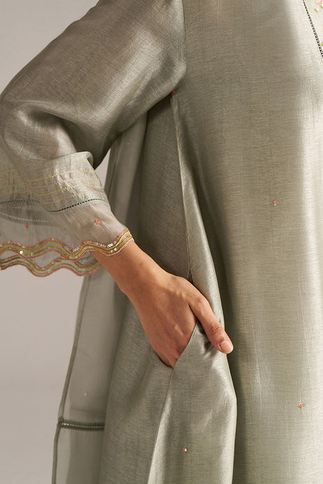 Seagrass Grey Raw Silk Festive Kurta Set