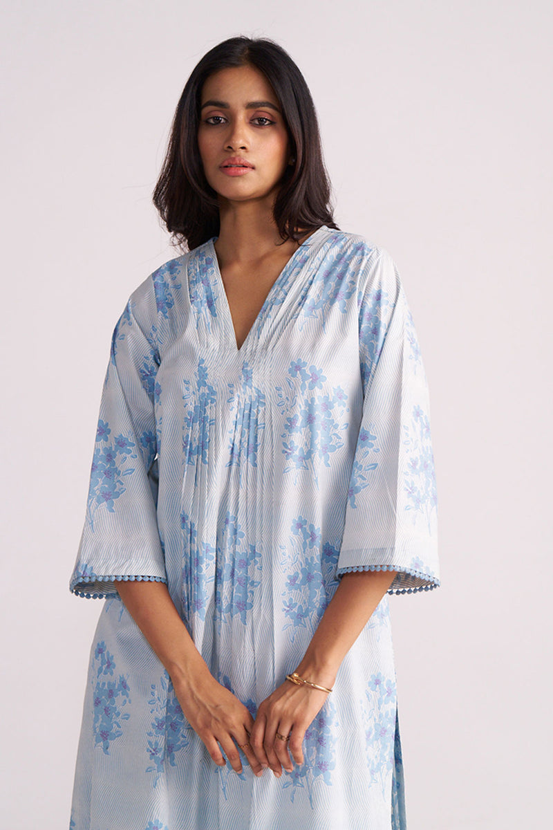 Cream and Dusty Blue Hand-Print Cotton Co-ord Set