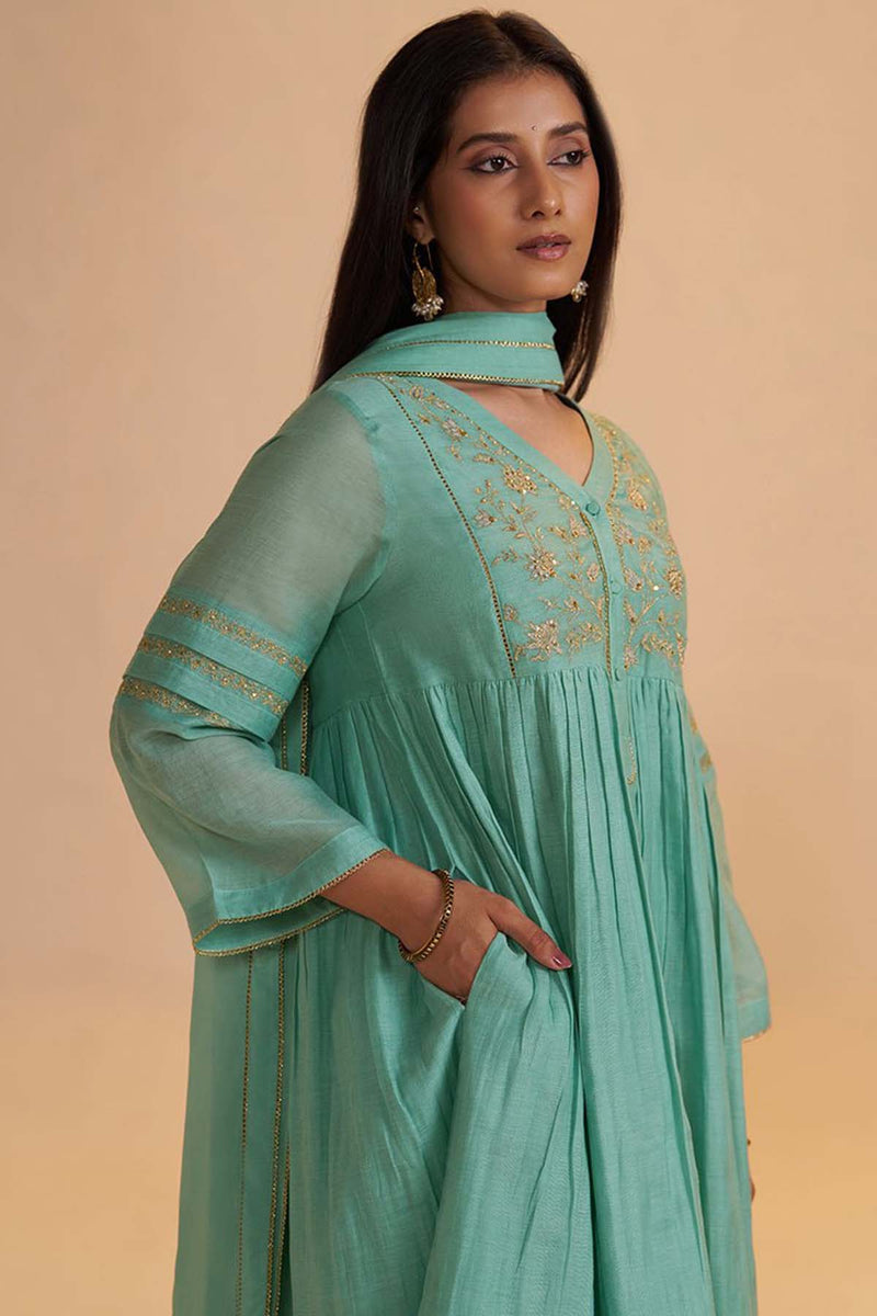 Dusty Jade Green Silk Festive Kurta Set
