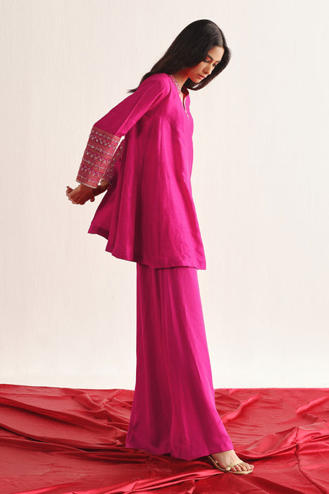 Marodiwork Silk Kurta and Flared Pants with Dupatta