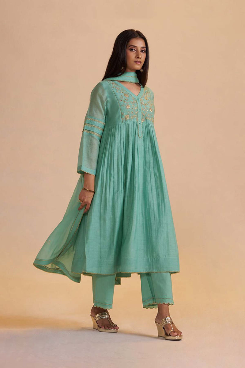 Dusty Jade Green Silk Festive Kurta Set