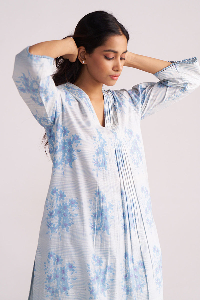 Cream and Dusty Blue Hand-Print Cotton Co-ord Set