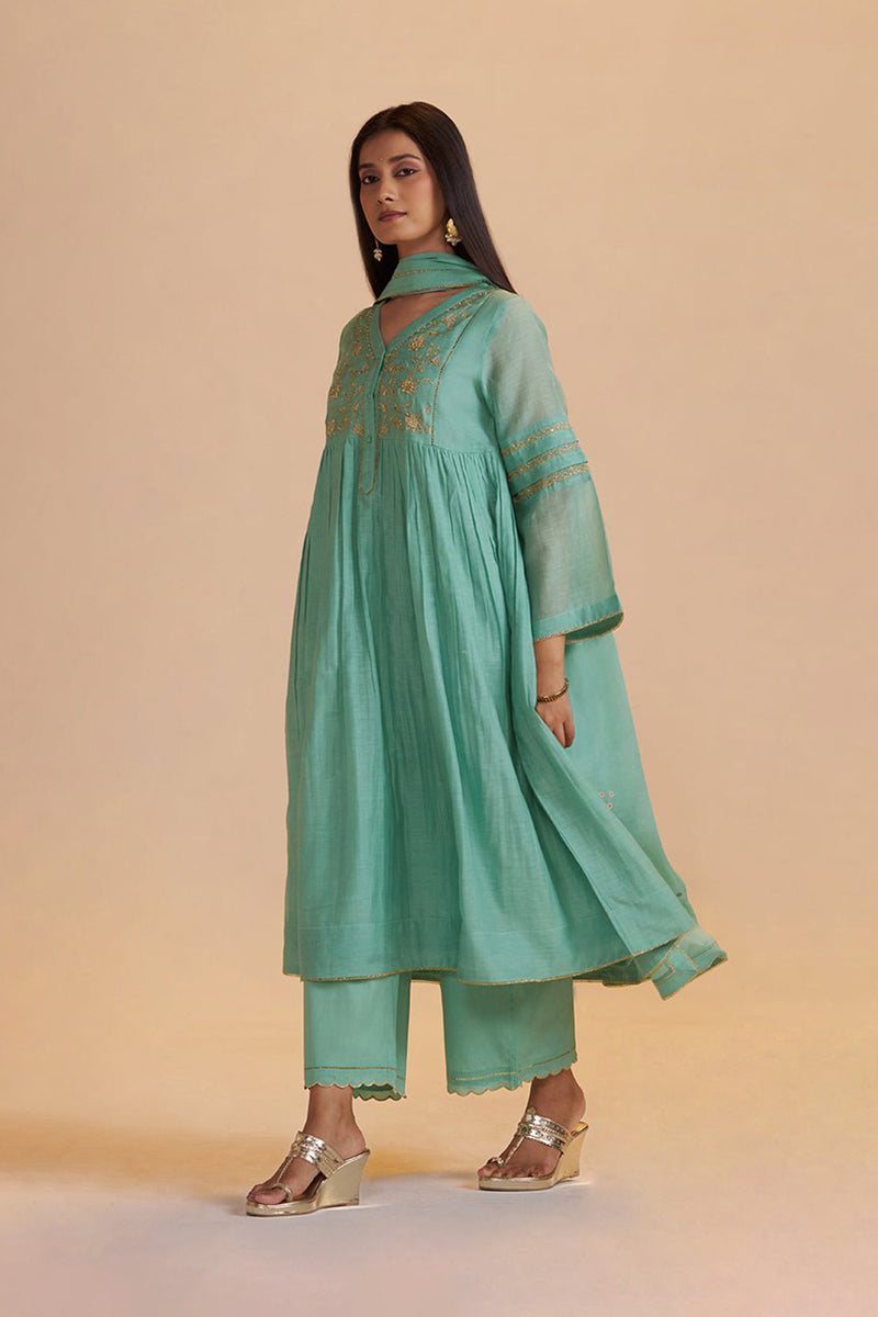 Dusty Jade Green Silk Festive Kurta Set