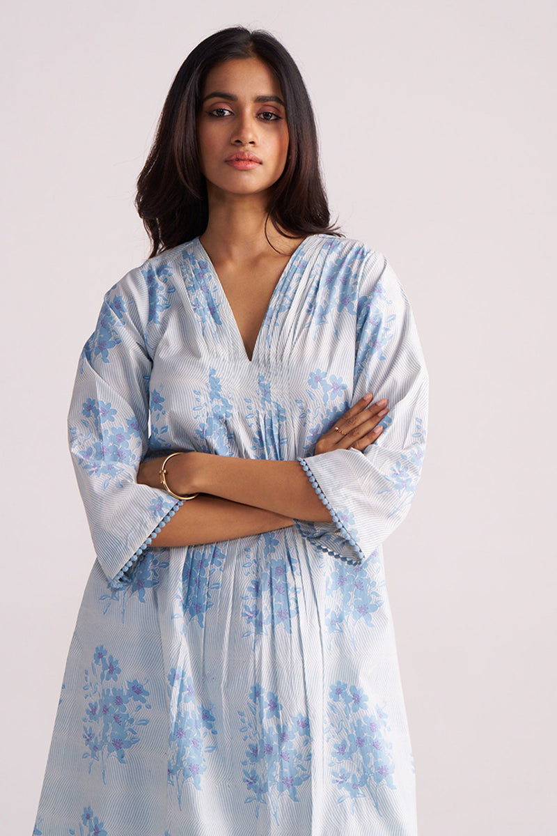 Cream and Dusty Blue Hand-Print Cotton Co-ord Set