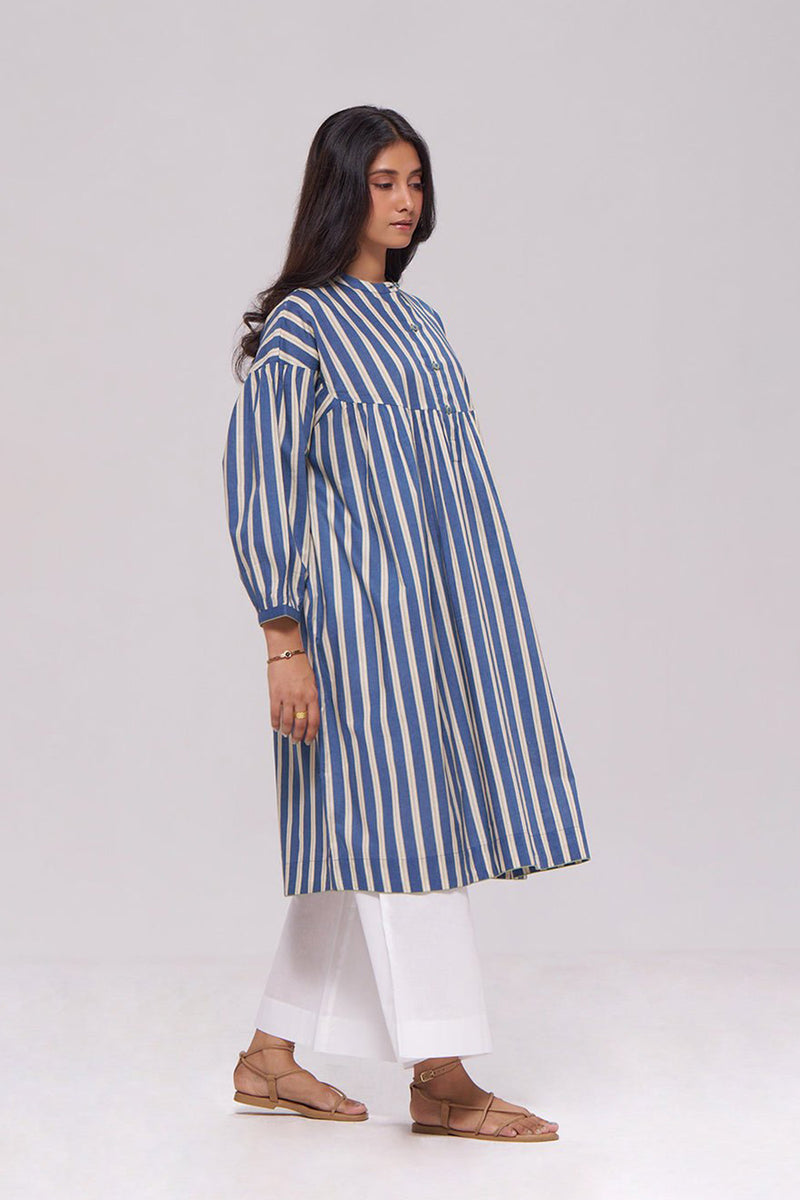 Blue and Cream Striped Cotton Kurta With White Bottom Set