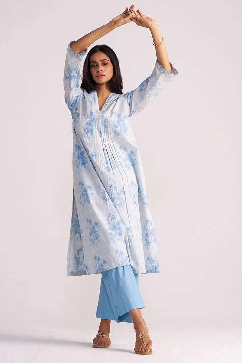 Cream and Dusty Blue Hand-Print Cotton Co-ord Set