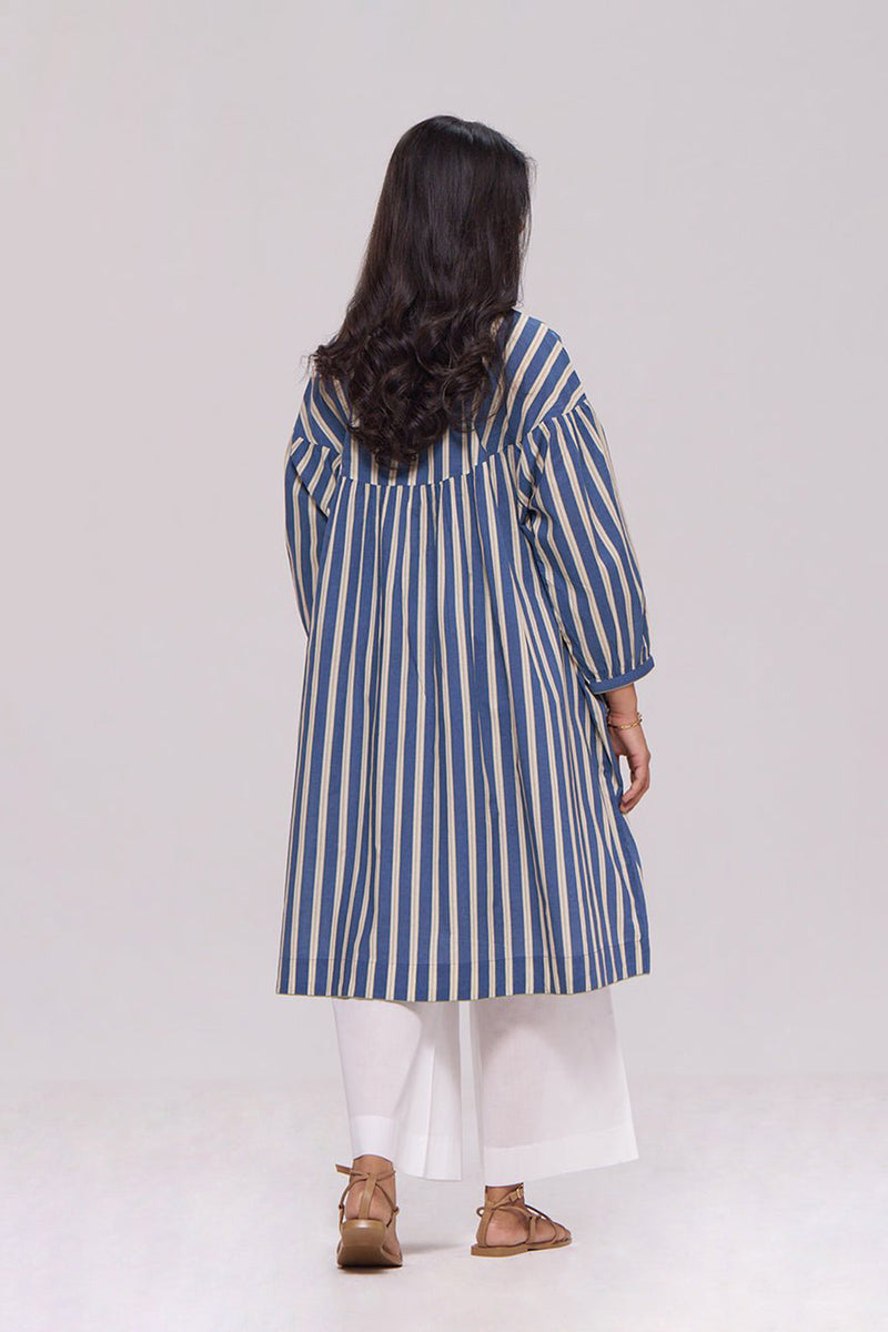 Blue and Cream Striped Cotton Kurta With White Bottom Set