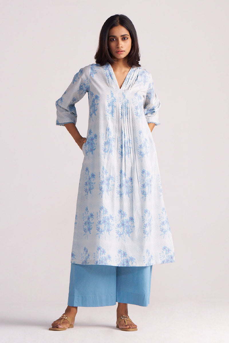 Cream and Dusty Blue Hand-Print Cotton Co-ord Set