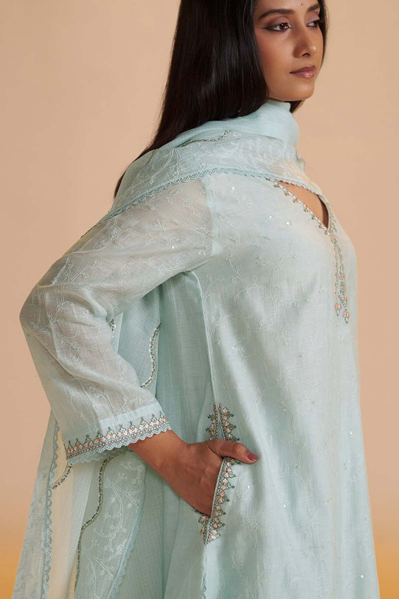 Misty Blue Chanderi Festive Kurta Set