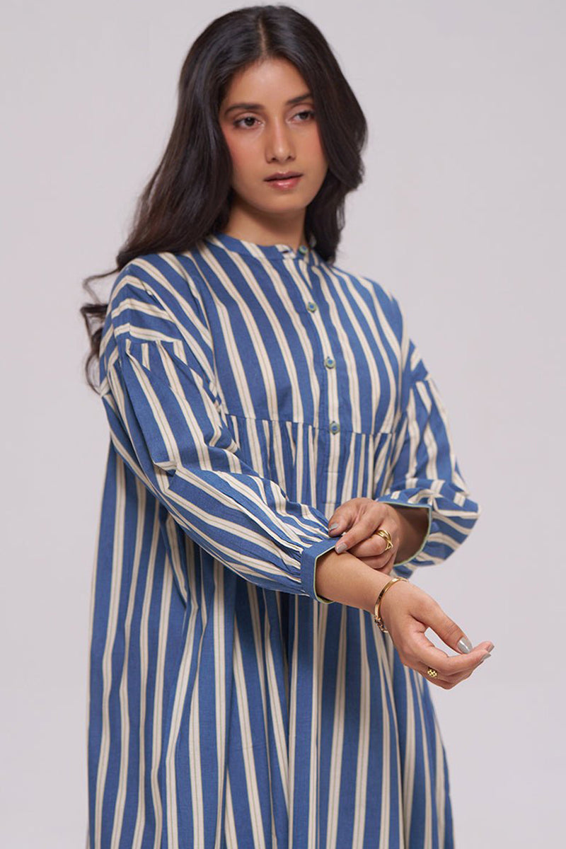 Blue and Cream Striped Cotton Kurta With White Bottom Set