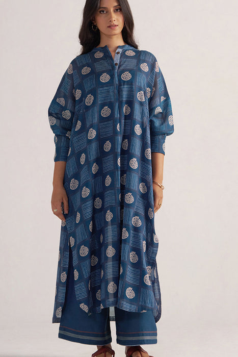 Morroccan Blue Anar Print Mul-Chanderi Co-ord Set