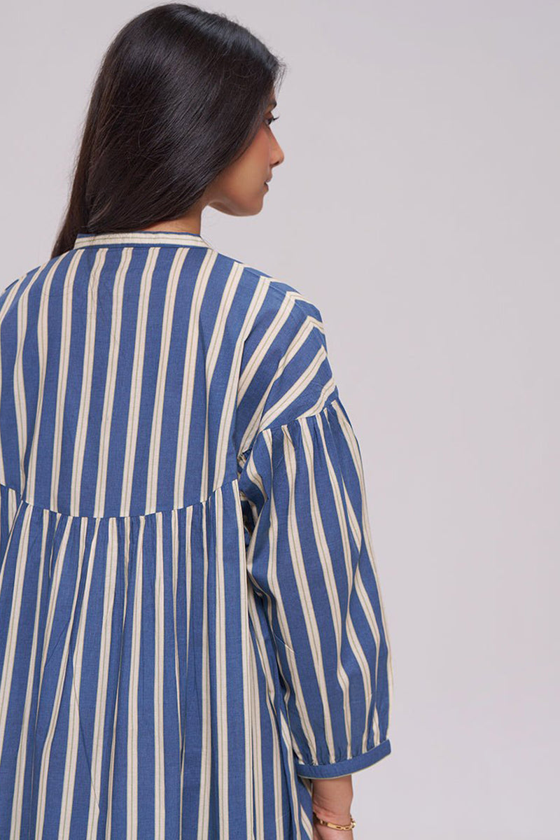 Blue and Cream Striped Cotton Kurta With White Bottom Set