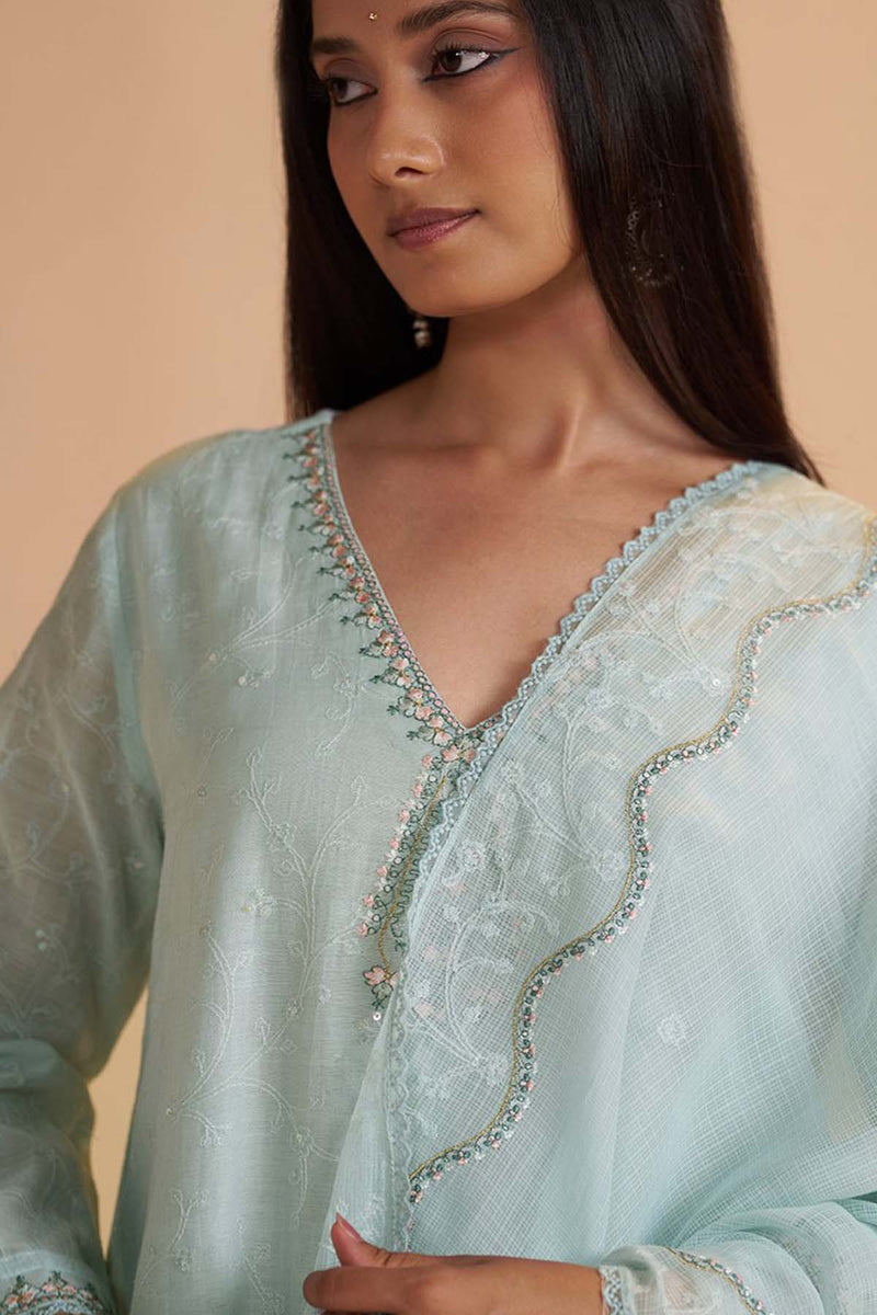 Misty Blue Chanderi Festive Kurta Set