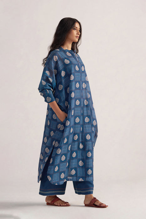 Morroccan Blue Anar Print Mul-Chanderi Co-ord Set