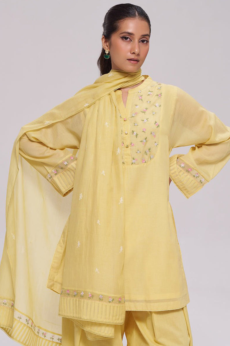 Yellow Mul-Chanderi Kurta Set