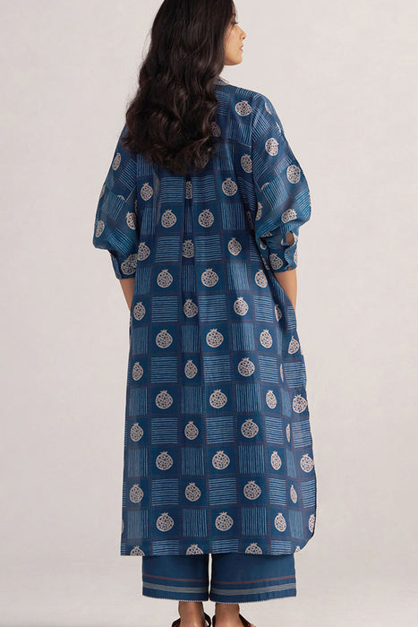 Morroccan Blue Anar Print Mul-Chanderi Co-ord Set