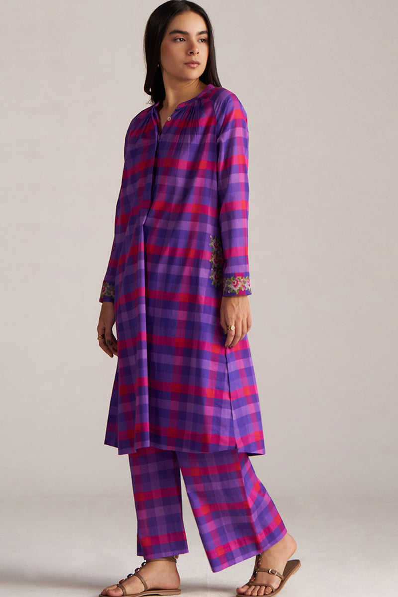 Purple Checkard Mul-Mul Co-ord Set