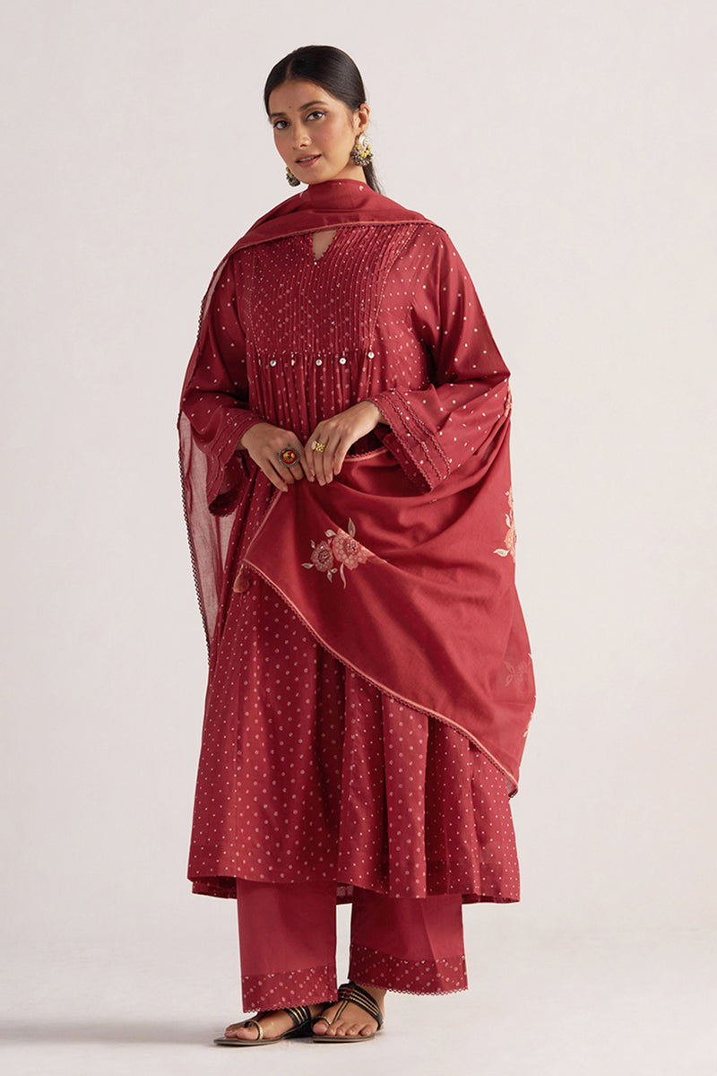 Garnet Red Bandhani Print Mul Chanderi Kurta Set